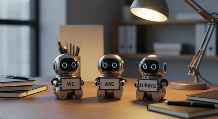 Robots Hiring Concept – Futuristic Recruitment Copy Space Poster, robot hiring, futuristic recruitment, AI hiring, recruitment poster, hiring concept, copy space design, robot workforce, digital hire
