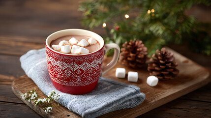Cup of hot chocolate with marshmallows on wooden background.