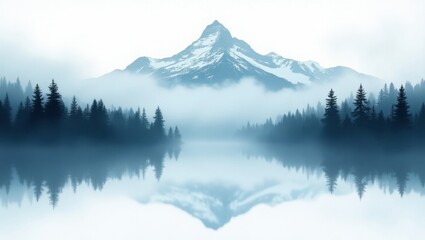 Misty mountain reflection in calm lake surrounded by pine forest