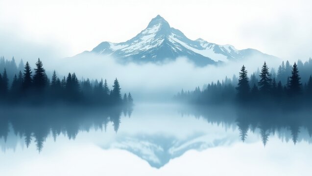 Misty mountain reflection in calm lake surrounded by pine forest