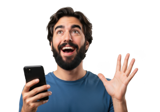 Excited man with beard holding a smartphone and gesturing with his hand looking upwards in surprise isolated on transparent background