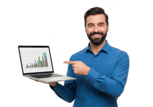 Smiling bearded man in blue shirt points to laptop screen displaying upward trending business growth chart isolated on transparent background - Powered by Adobe