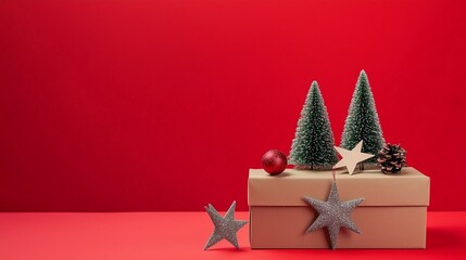 Festive holiday scene featuring miniature evergreen trees, decorative stars, and a red ornament on a gift box against a vibrant red background, perfect for seasonal celebrations