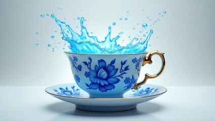 Blue floral teacup with vibrant water splash against a light background