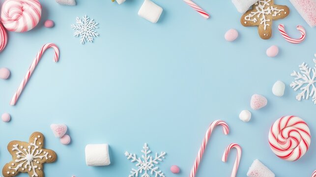 Colorful assortment of festive candies, gingerbread cookies, and marshmallows arranged on a light blue background, creating a cheerful holiday atmosphere with copy space