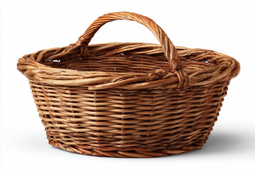 Empty woven basket with handle on white background
