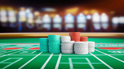 Green roulette table with stacks of casino chips in various colors and denominations. Close-up of gambling setup showing betting positions on green felt surface with soft-focus background.