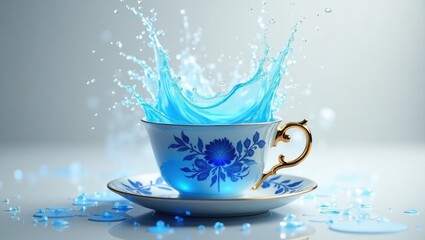 Blue liquid splashing out of a decorative teacup and saucer