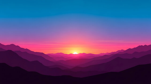 Vaporwave sunset over the mountains with a pink and purple sky