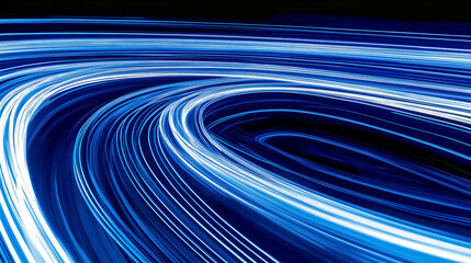 Abstract blue light trails against black background. Dynamic curved motion of glowing blue and white streaks creating futuristic technology concept with speed and energy feel.