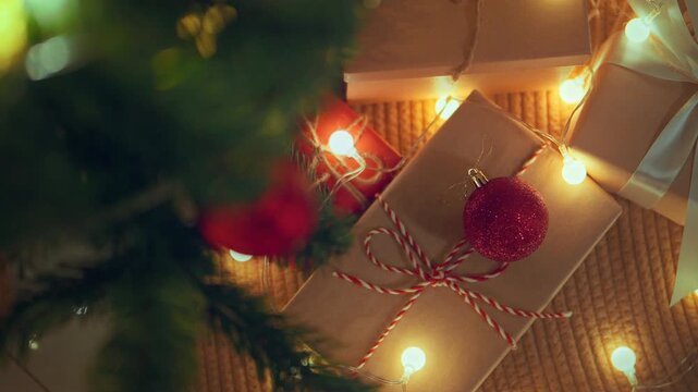 Christmas gifts with warm string lights and a red ornament placed on top of a wrapped present, creating a cozy holiday mood.