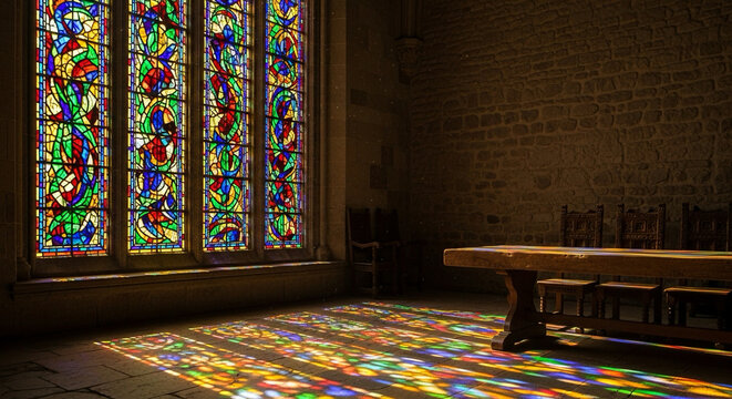 light passing through stained glass creating colorful patterns, artistic interior - Powered by Adobe