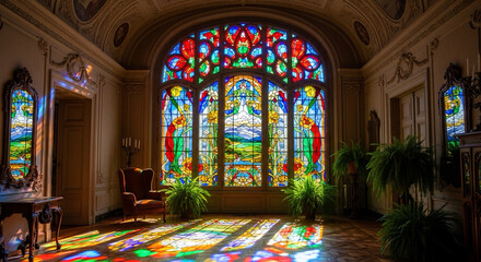 light passing through stained glass creating colorful patterns, artistic interior
