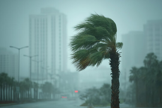 Palm tree battling strong wind amidst urban stormy weather