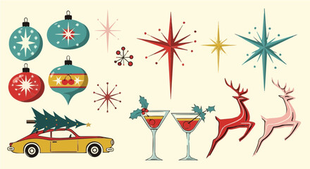 Mid-century modern Christmas vector kit with retro atomic ornaments and vintage starbursts