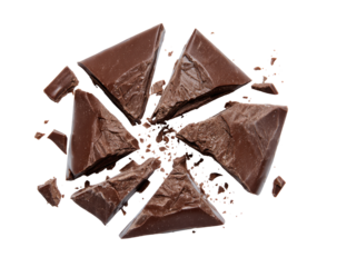 Shattered chocolate bar, dark brown pieces radiating outward
