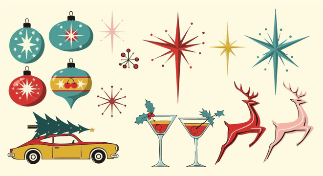 Mid-century modern Christmas vector kit with retro atomic ornaments and vintage starbursts