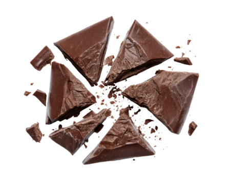 Shattered chocolate bar, dark brown pieces radiating outward