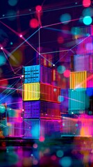 Colorful web of global exchange: uniting economies through maritime trade. Virtual network. Visualizing world trade: a containerized connection between leading nations. Ai interface.