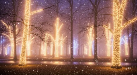 Enchanting Winter Forest Illuminated by Warm Lights Snowfall