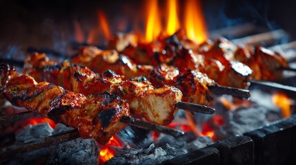 Delicious chicken skewers cooking over open flame on outdoor grill with juicy grilled meat, smoky charcoal heat, and summer barbecue cooking scene