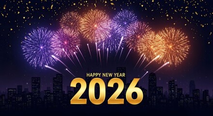 Vibrant fireworks explode over a city skyline celebrating the arrival of the new year 2026