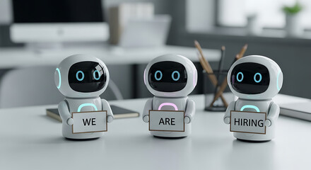 Robots Hiring Concept – Futuristic Recruitment Copy Space Poster, robot hiring, futuristic recruitment, AI hiring, recruitment poster, hiring concept, copy space design, robot workforce, digital hire
