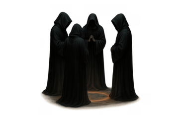 Hooded figures gathering for a secret ritual, standing in a glowing magic circle, embodying mystery, cult, and dark fantasy