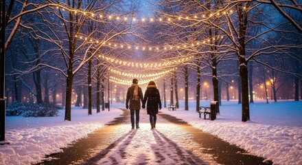 Couple Walking Through Snowy Park With String Lights