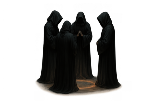 Hooded figures gathering for a secret ritual, standing in a glowing magic circle, embodying mystery, cult, and dark fantasy