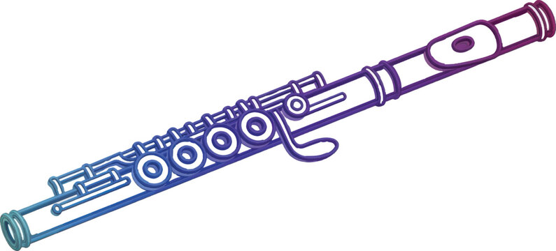 A detailed illustration of a silver flute with a gradient of blue and purple colors.
