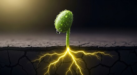 New life emerges from dry earth with glowing roots and sunlight
