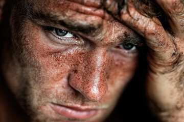 Obraz premium Portrait of a dirty and exhausted young man with intense expression and blue eyes