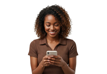 Young african american woman smiling while holding and looking at her smartphone isolated on transparent background