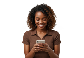 Young african american woman smiling while holding and looking at her smartphone isolated on transparent background