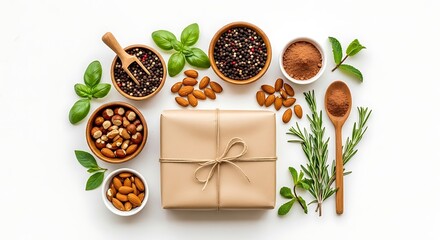 Gift box with coffee beans nuts herbs and spices on white background