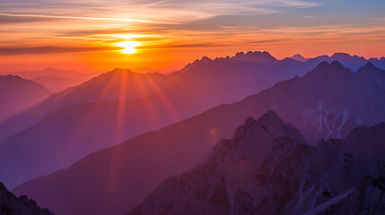 Golden sunrise over mountain range with sun rays shining through