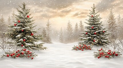 Snowy winter forest scene with decorated Christmas trees; holiday card