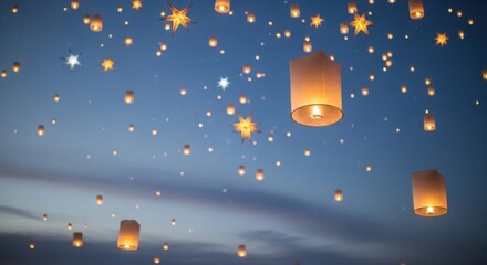 Thousands of Sky Lanterns Illuminating the Twilight Sky with Stars