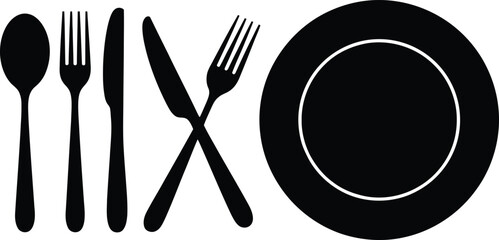 Dining cutlery and plate black silhouette icon on white background