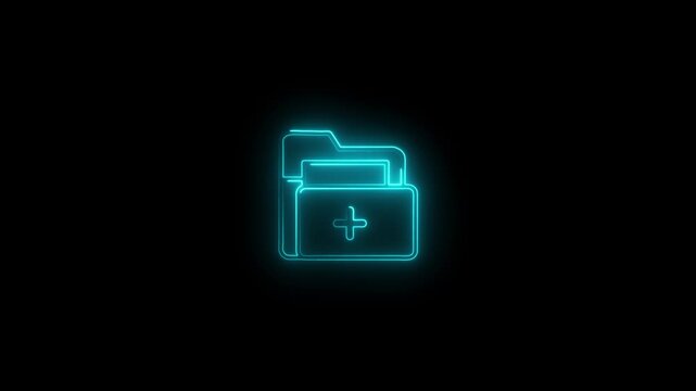 Cyan neon outline icon of a folder with a plus symbol on a black background document file