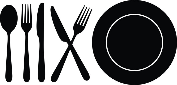 Dining cutlery and plate black silhouette icon on white background