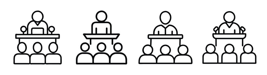Find public speaking events and conferences speaker podiums with audience vector illustrations