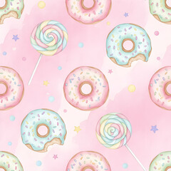 Fototapeta premium Watercolor seamless pattern, pastel donuts and candy lollipops, pink background