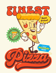 Groovy Pizza Retro Character Poster. Cartoon Food Slice Walking and Smiling. Vector Fast Food Mascot Template. Happy Vintage Cool Illustration Isolated