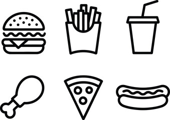 Outline fast food icons set burger, fries, soda, pizza, hot dog
