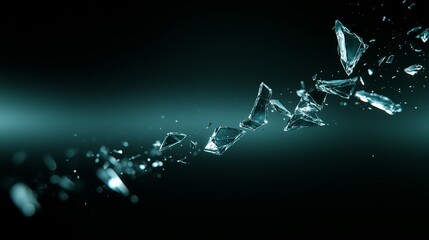 Shattered glass pieces flying through the air creating a dramatic visual effect