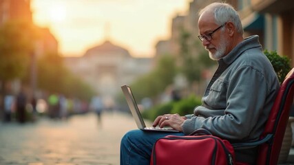 Older man working remotely on his laptop with a suitcase, showcasing digital connection and flexible lifestyle during travel or retirement.. - Powered by Adobe