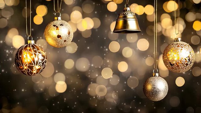 Sparkling holiday ornaments dangle beautifully, reflecting warm light amid a backdrop of shimmering bokeh, setting a festive mood
