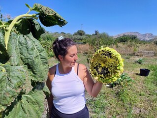 Woman Holding a Large Sunflower Head in a Rural Garden